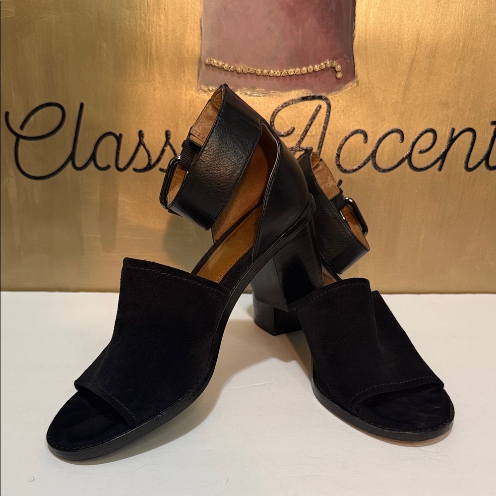 Frye Black Suede Block Heel Sandals with Ankle Strap